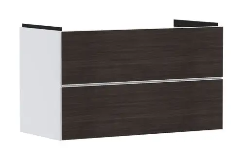 Waschtischunterschrank in Mattweiß von Hansgrohe mit zwei Schubkästen. Die Front ist in dunkler Holzoptik gehalten, der Korpus ist weiß.